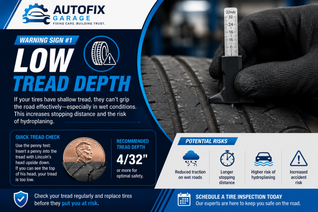 Low tire tread depth reducing road grip