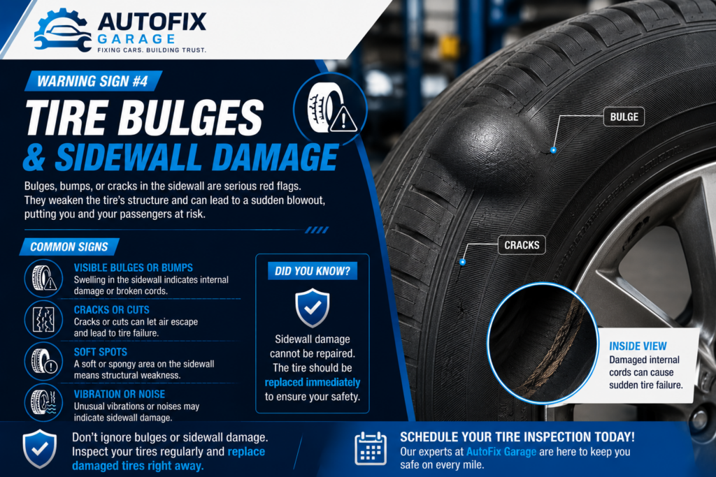 Damaged tire sidewall with visible bulge and cracks