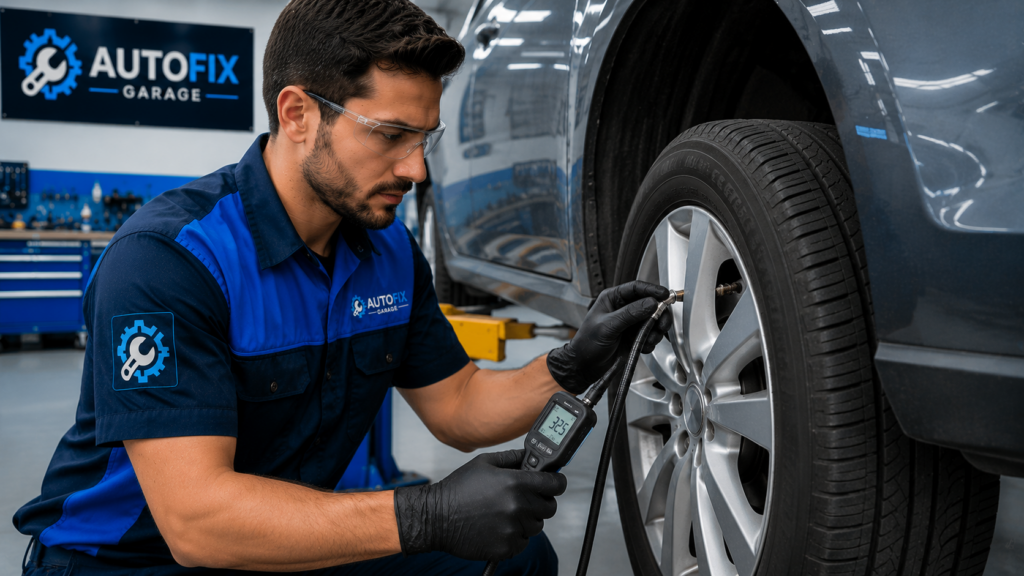 Technician checking vehicle tire pressure
