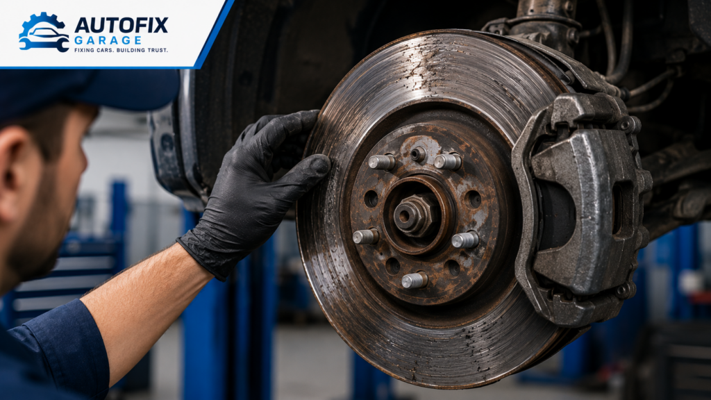 Why Does My Car Make Noise When Braking? Grinding brake rotor showing signs of severe wear