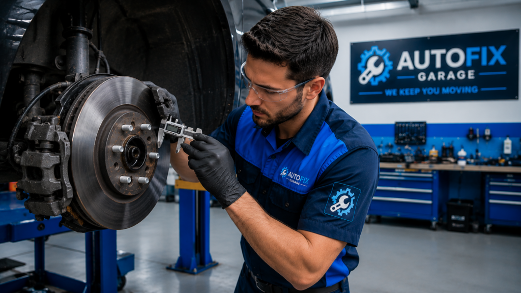 Why Does My Car Make Noise When Braking? brake technician inspecting warped brake rotors