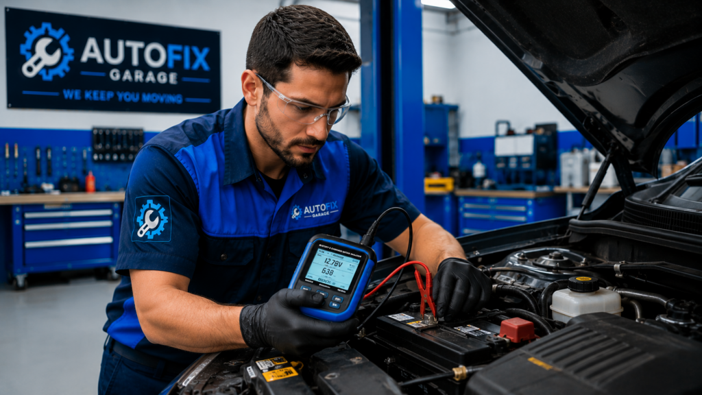 Automotive technician testing a car battery during a vehicle inspection