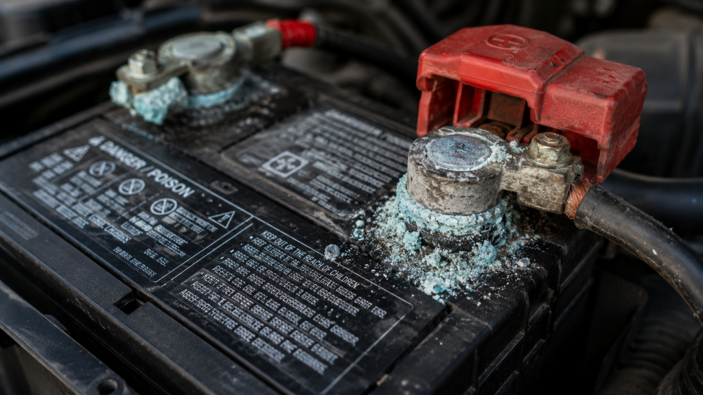 Battery Problems? Here's How to Tell Before You Get Stranded Corrosion on vehicle battery terminals causing electrical connection issues