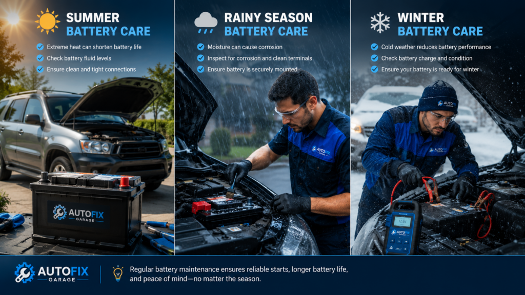 Battery Problems? Here's How to Tell Before You Get Stranded Seasonal vehicle battery maintenance during summer, rainy season, and winter