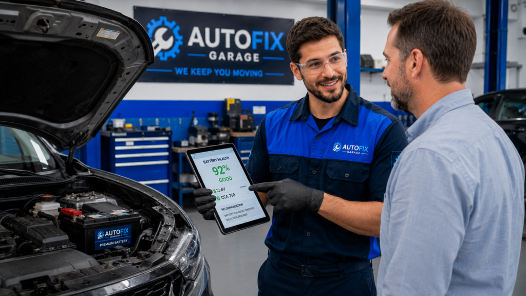 Battery Problems? Here's How to Tell Before You Get Stranded AutoFix Garage technician discussing battery service recommendations with a customer