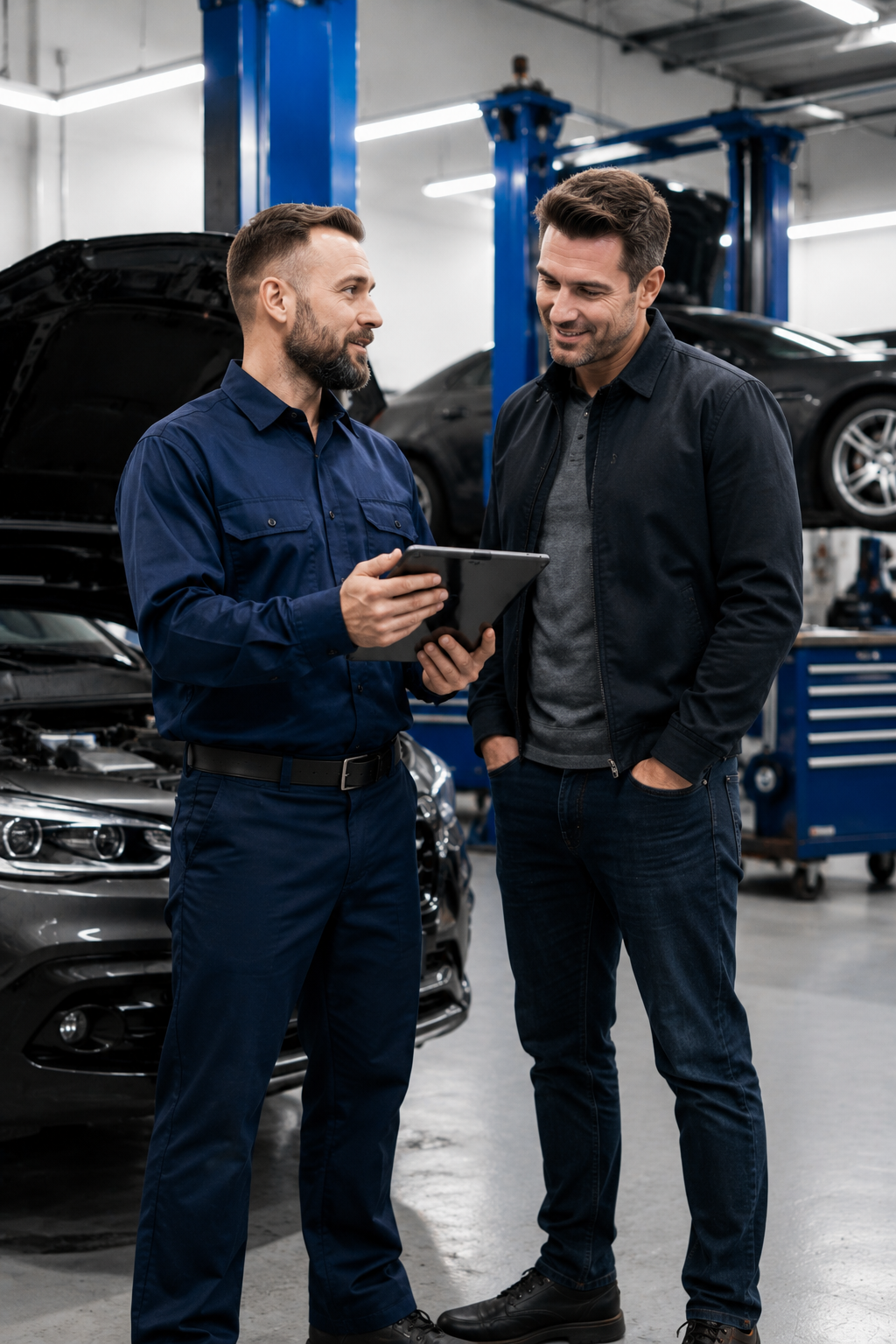 AutoFix Garage technician discussing engine diagnostics with a customer