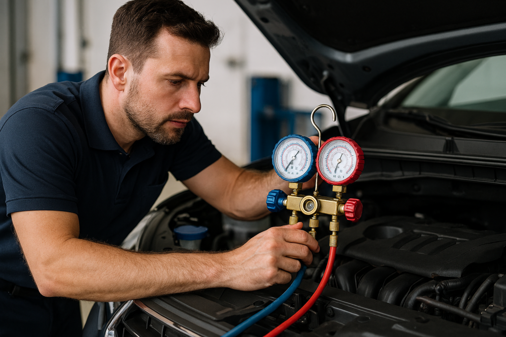 Why Is My Car AC Not Blowing Cold Air? Checking refrigerant levels in a vehicle AC system